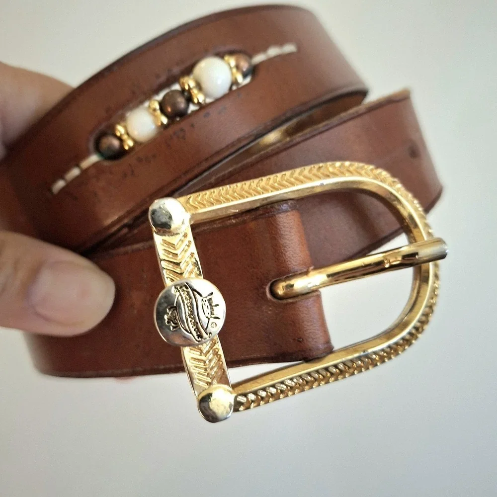 Vintage Tan Leather‎ Boho Western Belt with Gold /Silver Buckle and Accent Beads